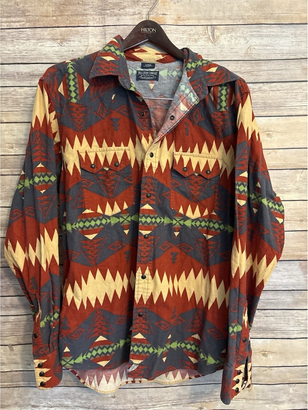 Polo Jeans Co Aztec Shirt Mens Large Aztec Native Indian Western Pearl Snap